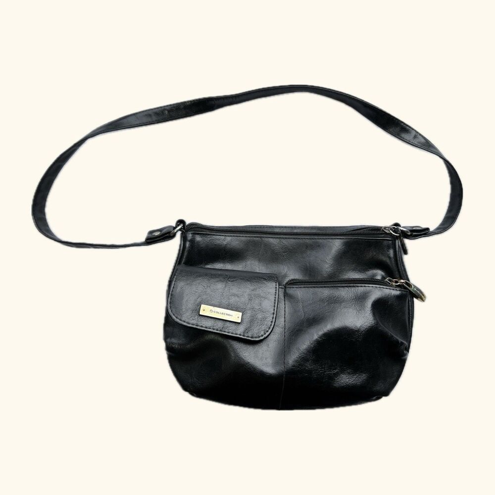 Y2K Black Faux Leather Shoulder Bag Multi Zip Purse Retro Handbag Minimalist